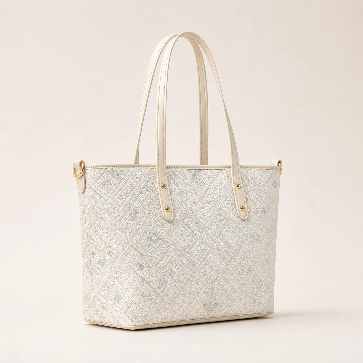 Pearl River Tote in pearl-white brocade, angled studio view