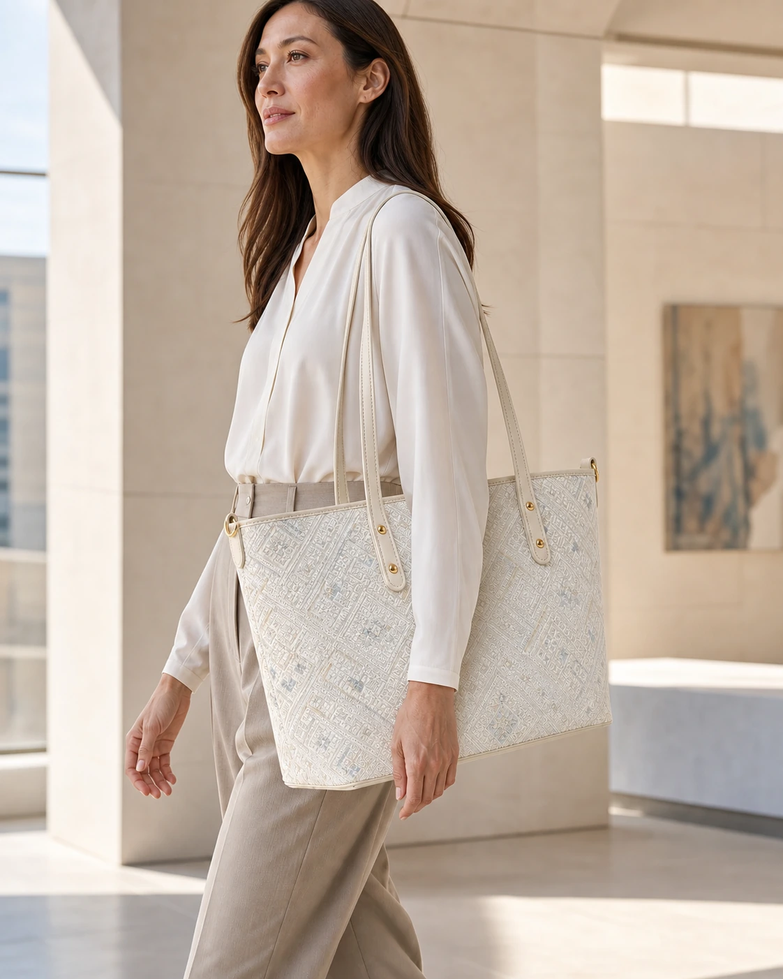 Woman styling the Pearl River Tote with a tonal ivory outfit