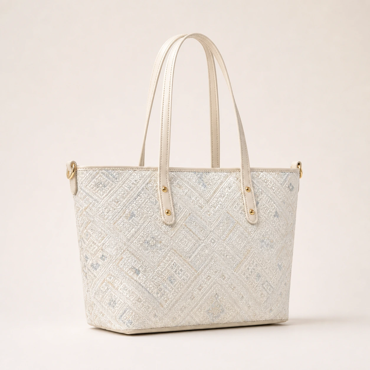 Pearl River Tote in pearl-white Zhuang brocade, front studio view